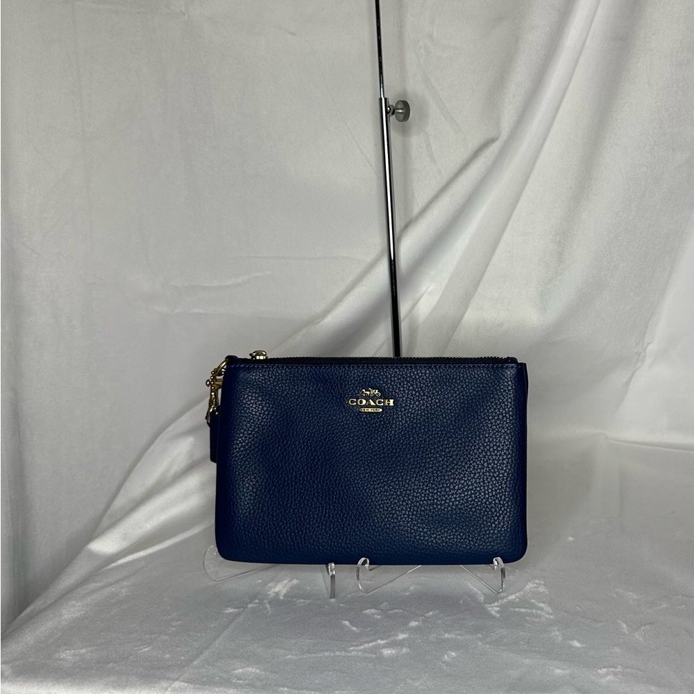 Coach Dark Blue Leather Wristlet with Gold Accents